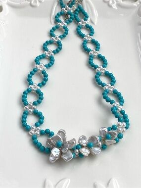 GP91-Natural Round Turquoise, Round Pearl And Premium Flower Braided Necklace